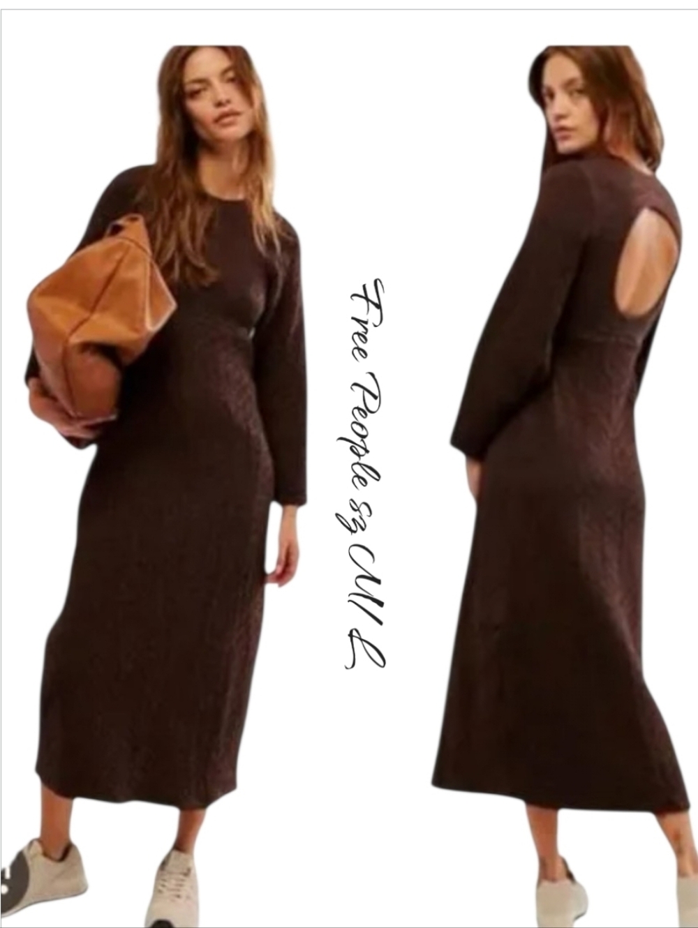 Free People Gabby Seamless Midi Dress Open Back Long Sleeve Sz M/L Brown